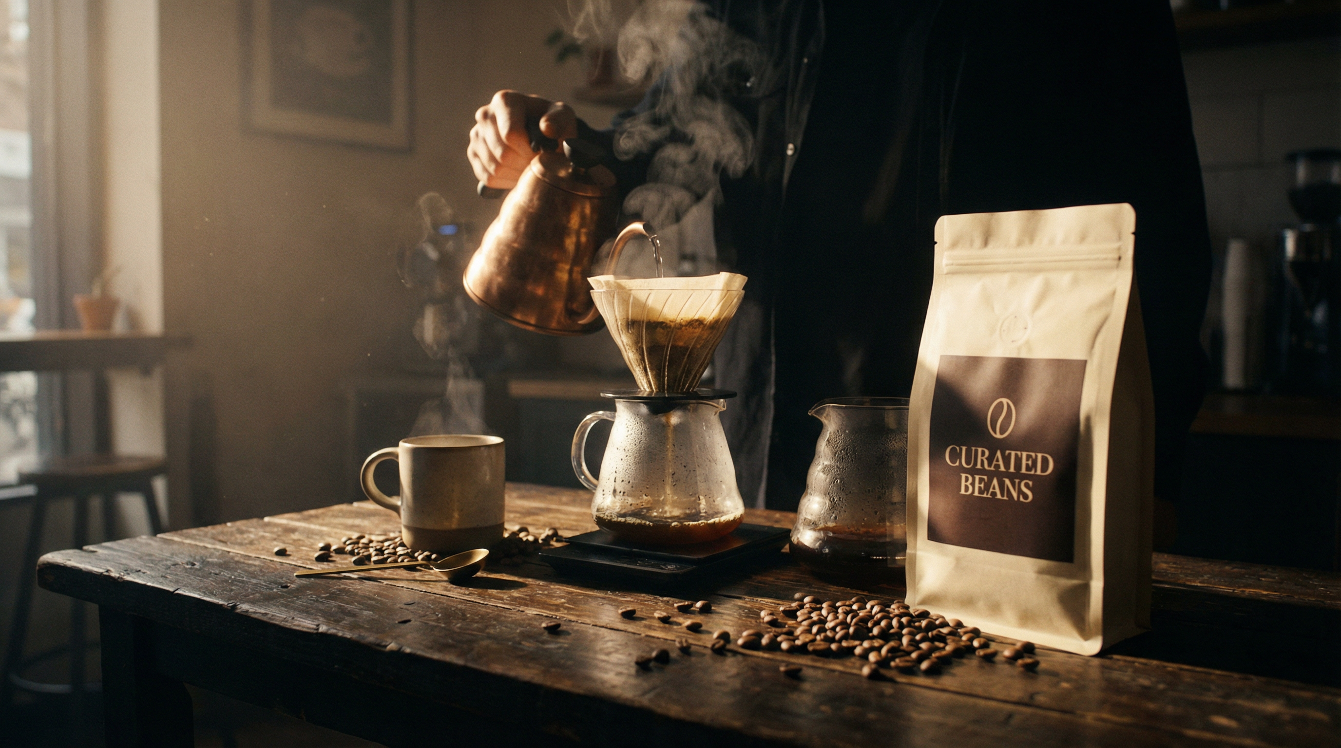 Freshly roasted coffee beans and brewing equipment